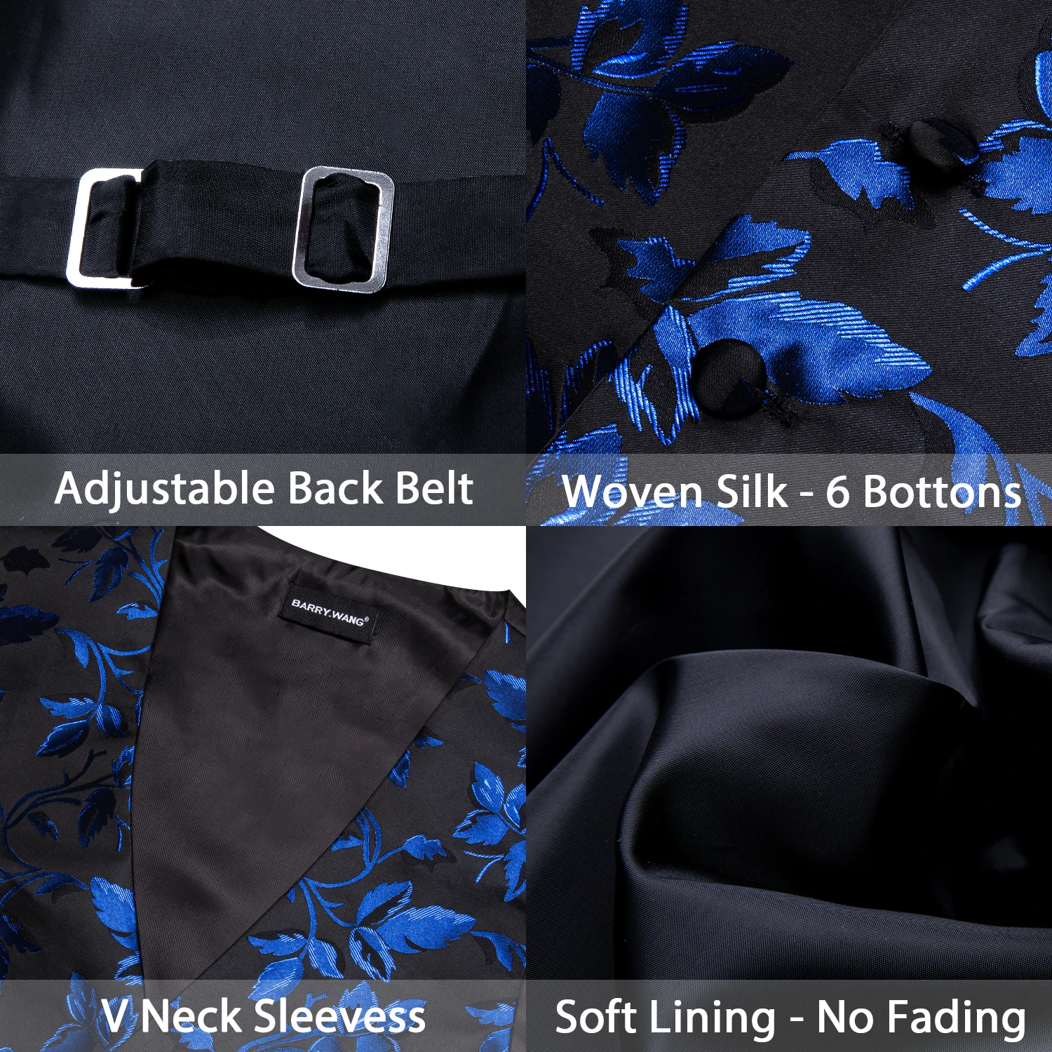 Luxury Vest for Men Blue Black Flower Silk Slim Fit Waistcoat Tie Hanky Set Wedding Formal Business Sleeveless Jacket Barry Wang