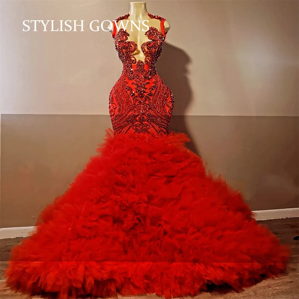 

Red O N Evening Dresses For Black Girls Bead Crystal Birthday Party Gown Long Prom Dresses Ruffles Tiered Robe De Bal Customzied