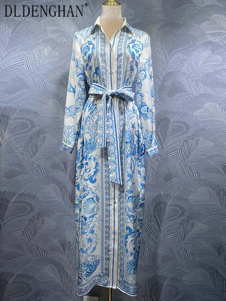 

DLDENGHAN Single-Breasted Long Dress For Women Turn-down Collar Long Sleeves Lace-Up Blue Print Vintage Dresses Autumn Female