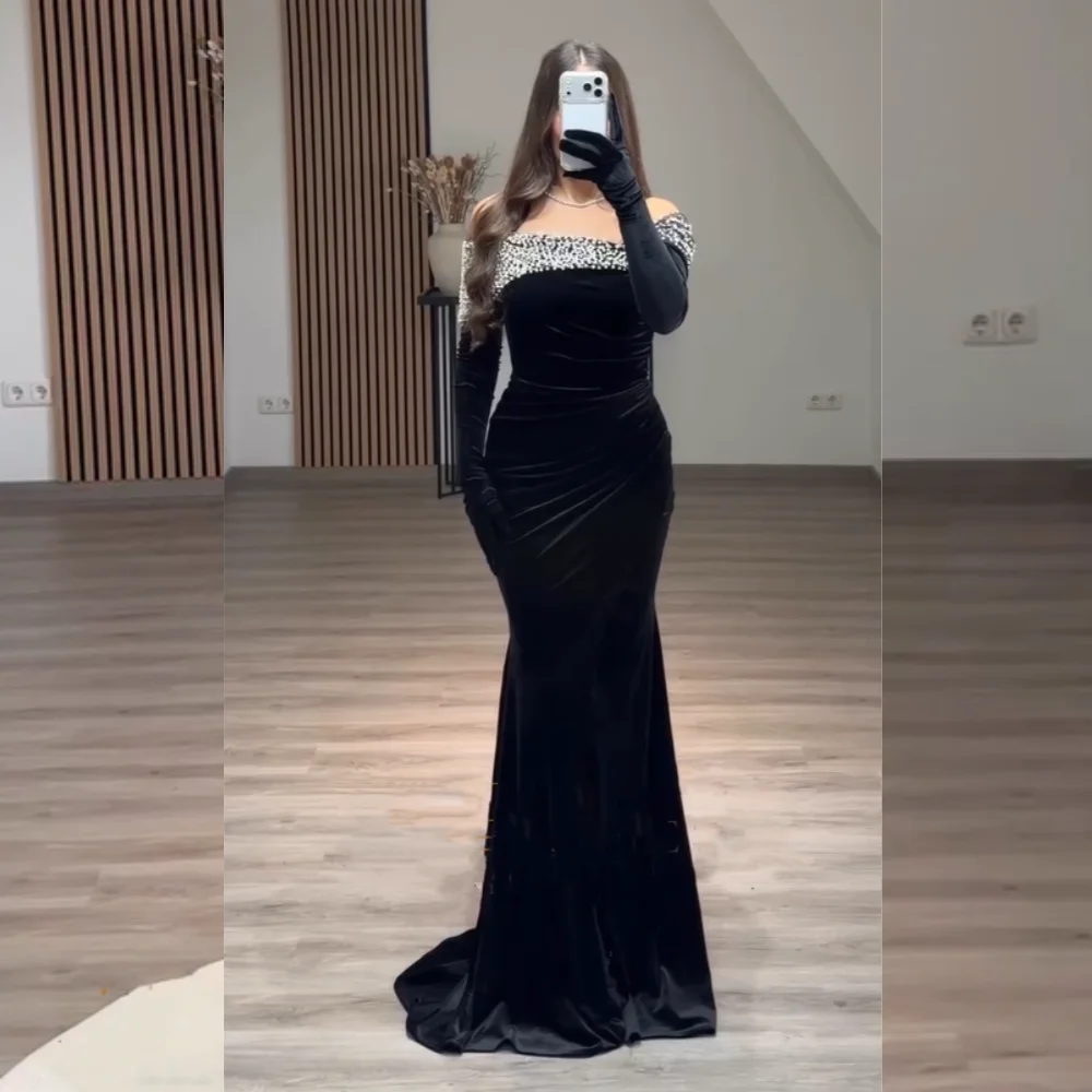 Customized Formal Velour Sequined Pleat Trumpet Off-the-shoulder Long Dresses Quinceanera Bespoke Occasion Fashion