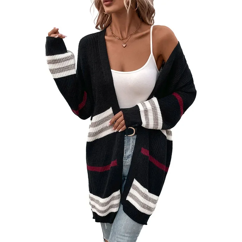 Women Cardigan Mid Length Coats Knitted Striped Open Stitch Jumpers Casual Loose Sweaters Autumn Winter Elegant Splice Cardigans