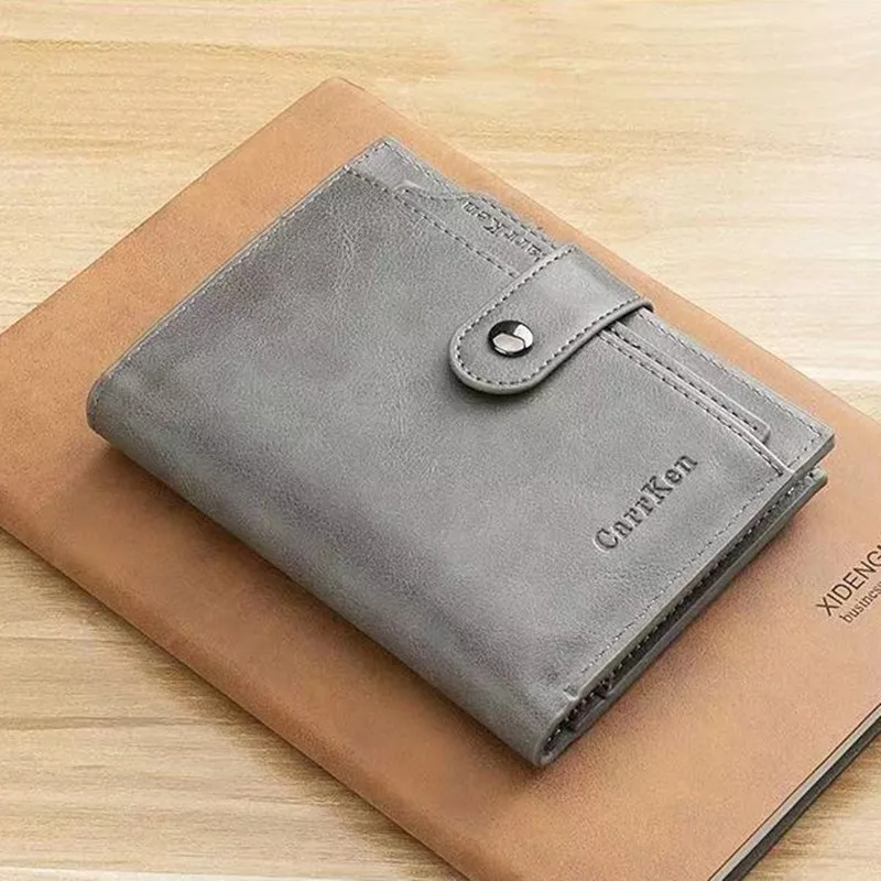 Fashion Snap Button Men's Short Wallet Vintage Leather Coin Purse Tri Fold Card Holder Zipper Male Money Wallet