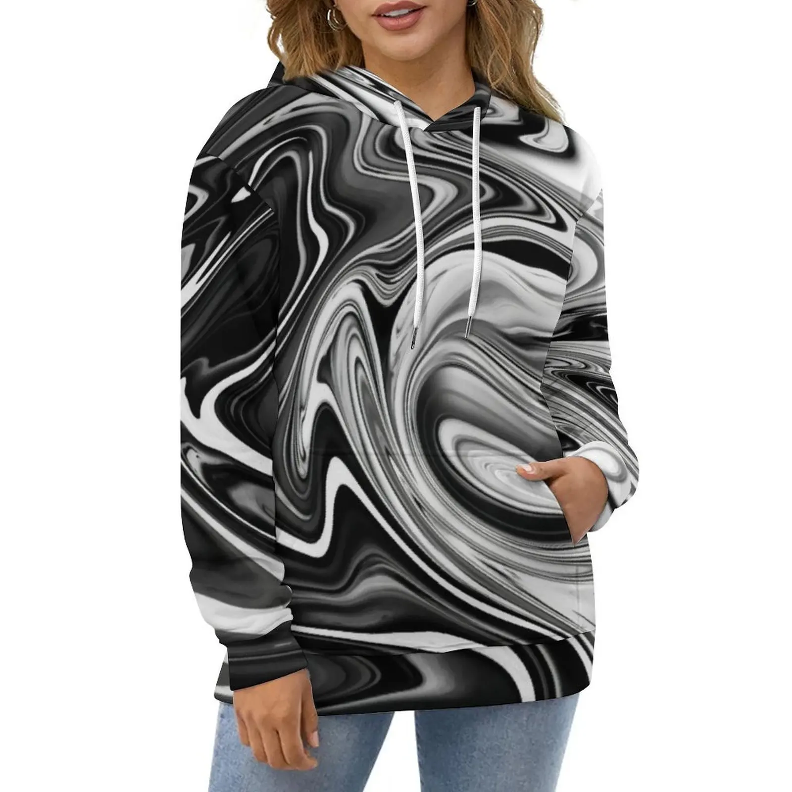 

Liquid Black And White Casual Hoodies Elegant Marble Retro Custom Loose Hoodie Winter Long Sleeve Hip Hop Oversize Tops