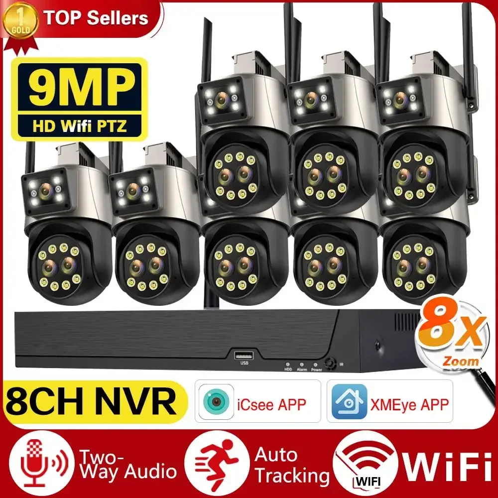 

9MP Wireless Three Lens 8X Zoom Camera Security System Kit Two Way Audio PTZ WIFI IP Security Camera 8CH NVR Surveillance System