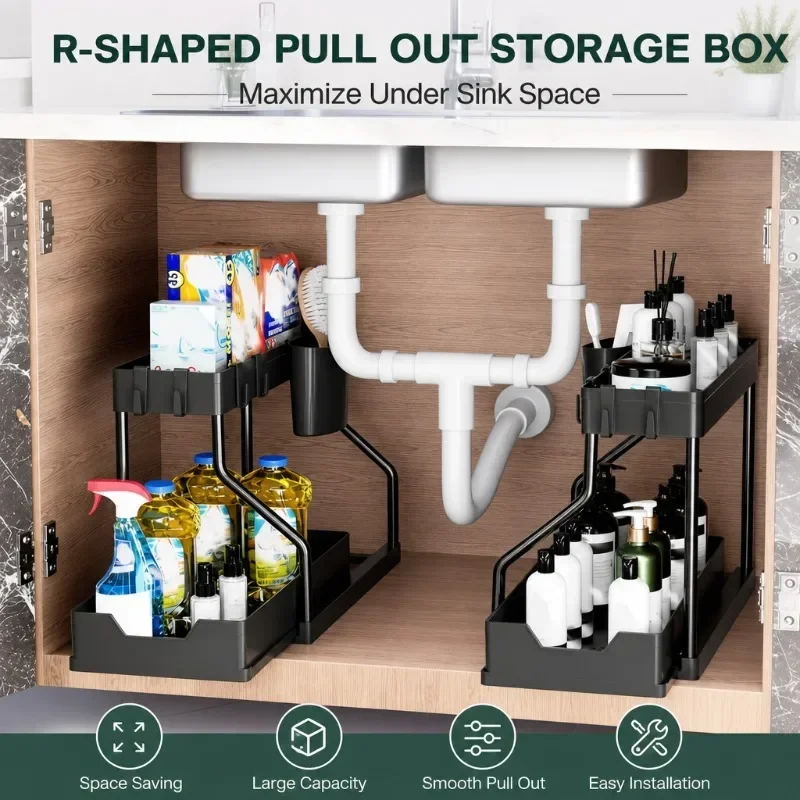 Space Saving 2 Tier Under Sink Organizer,Pull Out Storage Box Durable Large Capacity Kitchen Bathroom Essential Drawer Organizer