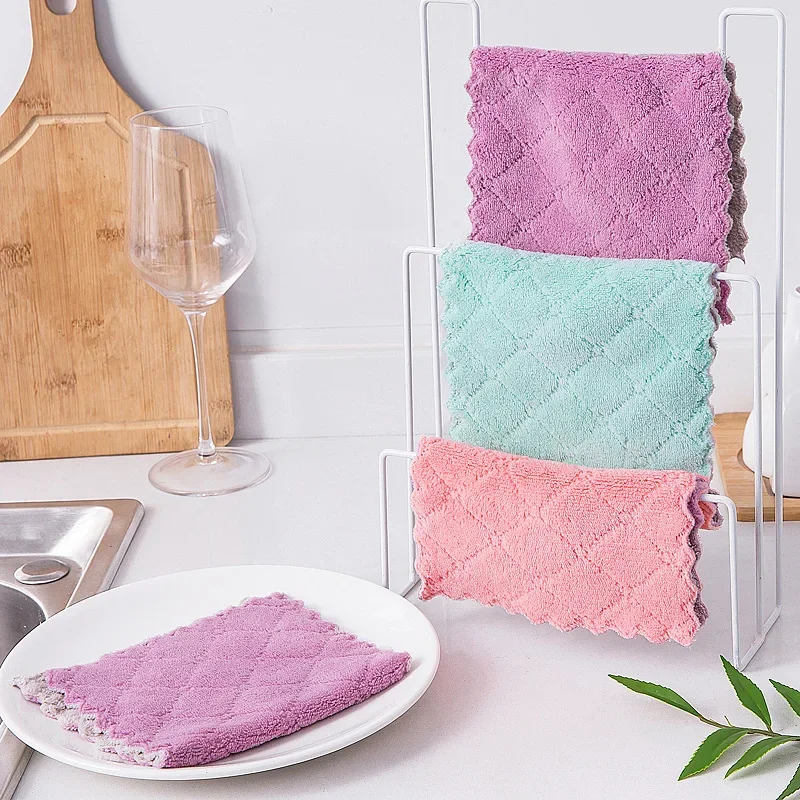 5pcs Double-layer Absorbent Microfiber Kitchen Dish Cloth Non-stick Oil Rag Tableware Towel Household Cleaning Wiping Tool