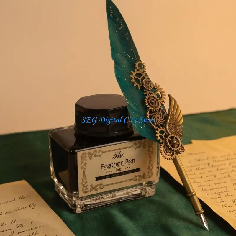 U75B Antique Engraved Pen Set Retro Quill Pen With Inks Bottle And 5 Tip