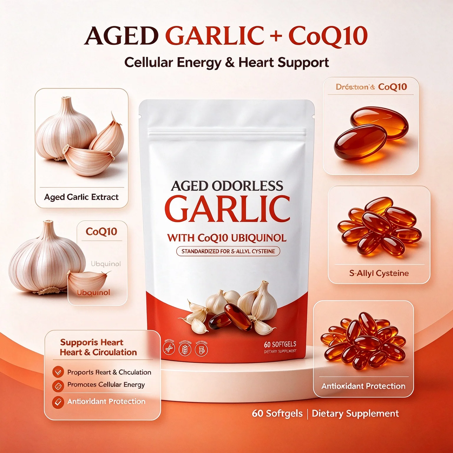 Odorless Aged Garlic Extract Capsule Ubiquinol Heart Health Support Dietary Supplement for Cardiovascular Wellness 60 Softgels