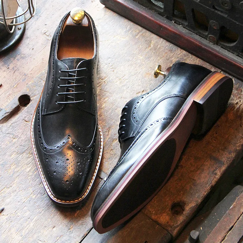 DESAI genuine leather business formal Derby shoes thick soled height increasing leisure shoes brogue carved handmade men\'s shoes