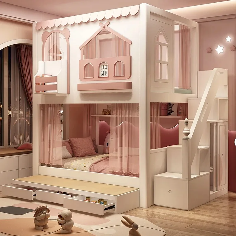 

Детская кровать по индивидуальному заказу. Двухъярусная кровать. Верхняя и нижняя двухъярусная высокая ограждение. Кровать-домик на дереве для мальчиков и девочек. Высокая и низкая детская кровать.