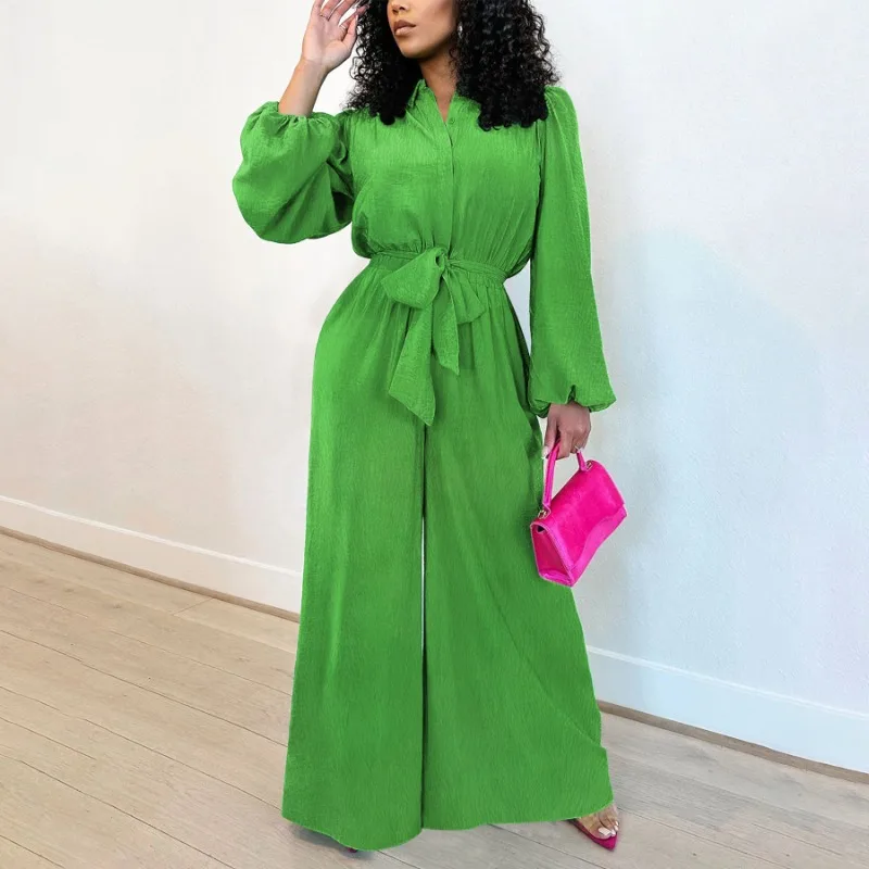 

KEXU Women Long Sleeve Single Breasted Wide Leg Jumpsuit 2025 Summer OL Beach Night Club Playsuit One Piece Suit Romper