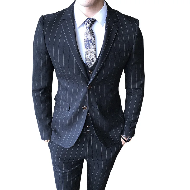 Man 3-Piece Pinstripe Men's Suit Slim Fit for Formal Wedding Tuxedo Notched Lapel Navy Blue Striped Business Groom Male Fashion