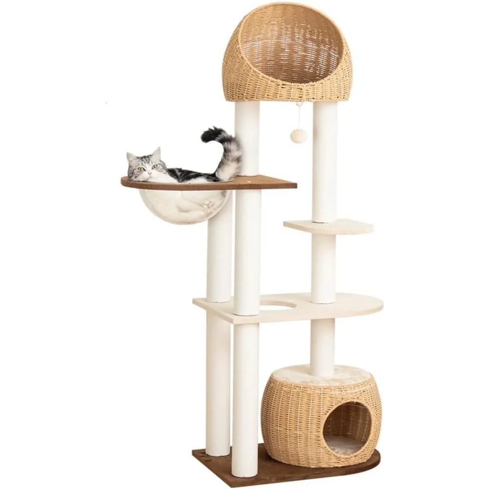 Torre para gatos de madera de 60 pulgadas con camas tejidas, condo natural para gatos de 5 niveles con postes de sisal y salón de burbujas transparente, mueble C de varios niveles