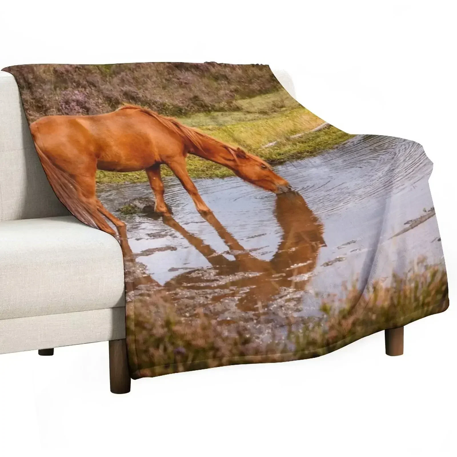 New Forest pony at waterhole with reflection Throw Blanket Ultra Soft Flannel Fleece Blanket for All Seasons
