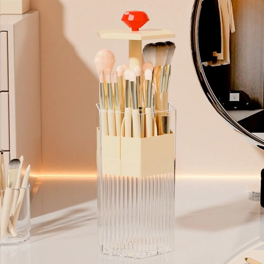 Plastic Automatic Lifting Makeup Brush Holder Press Type Large Capacity Makeup Brush Organizer with Lid Space Saving