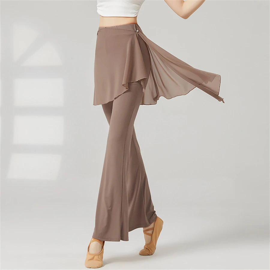 Women Yoga Pants Mesh Hip Cover Modern Dance Flare Leg Practice Pants Breathable Skin Friendly Classical Dancing Trouser Fitness