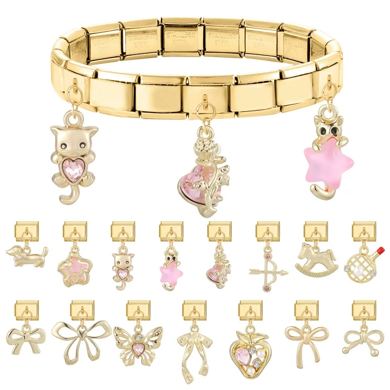 Y2K Cat Butterfly Star Tennis Racket Bow Vintage Golden Pendant Charm Links Fit 9mm Stainless Steel Bracelet DIY Making Gifts