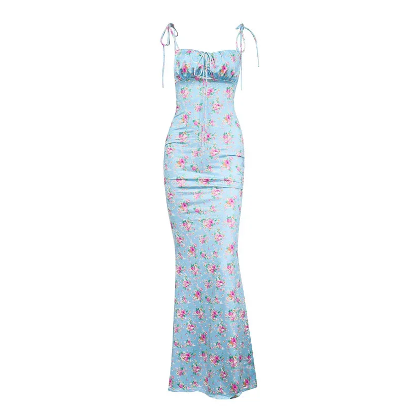 Sexy Bandage Prairie Chic Floral Print Cottagecore Mini Dress Club Boho Dresses Bodycon New Women's Spaghetti Strap Dresses Blue