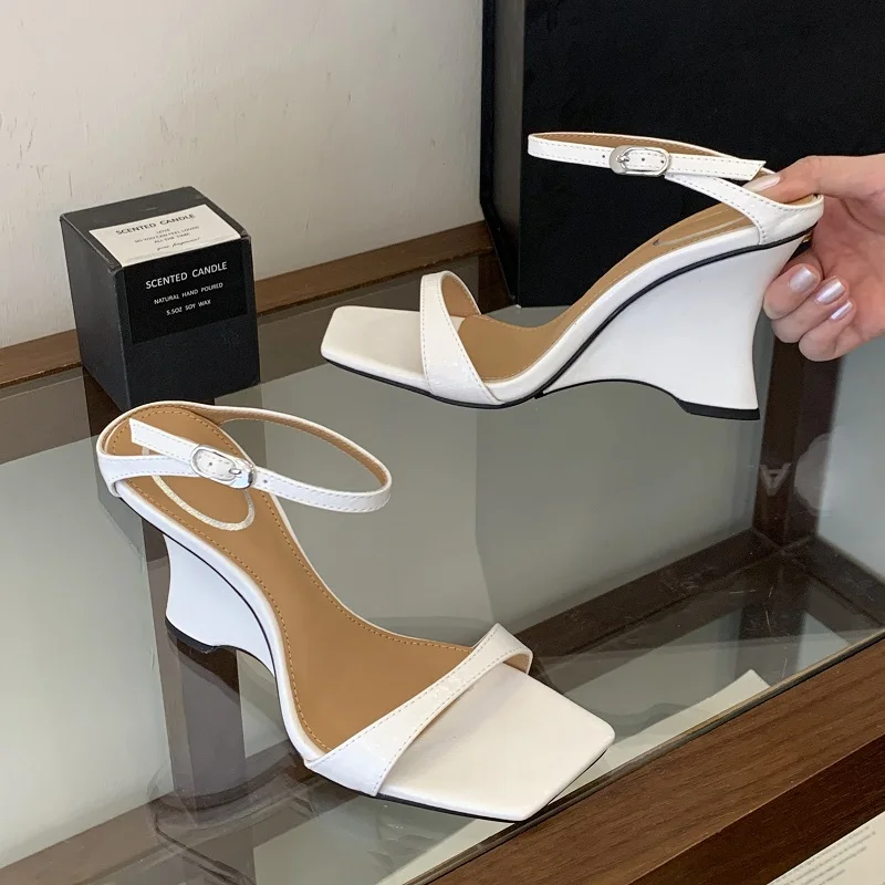 

Eilyken Summer Fashion Square Toe Buckle Strap Women Slippers Street Style Design Wedges High Heels Party Shoes