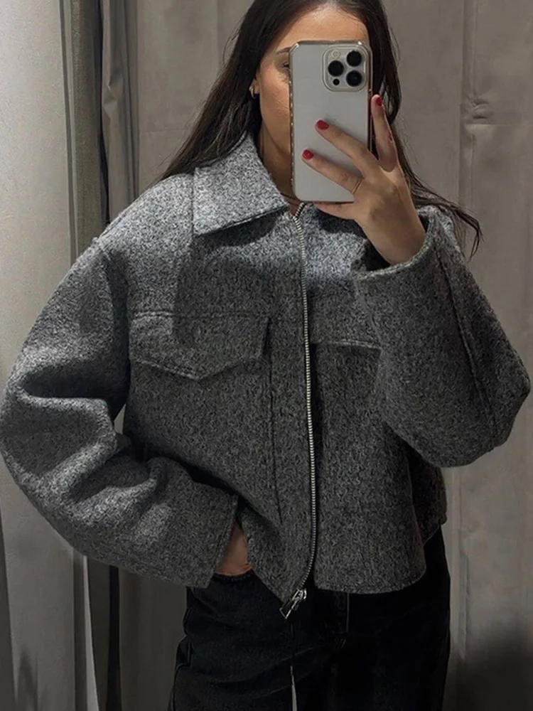 Spring Autumn New Women's Versatile Warmer Bomber Jacket Streetwear Polo Neck Zipper Pocket Coat Long Sleeve Gray Wool Outerwear