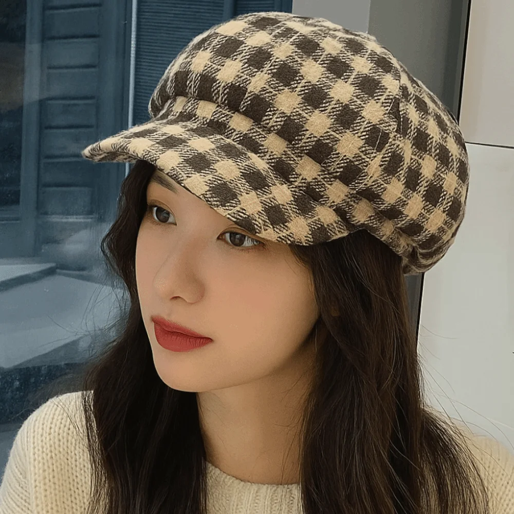Literary Korean Style Plaid Beret Hat Small Fragrant Style Keep Warm Women Painter Hat Lattice Women Octagonal Cap All-match