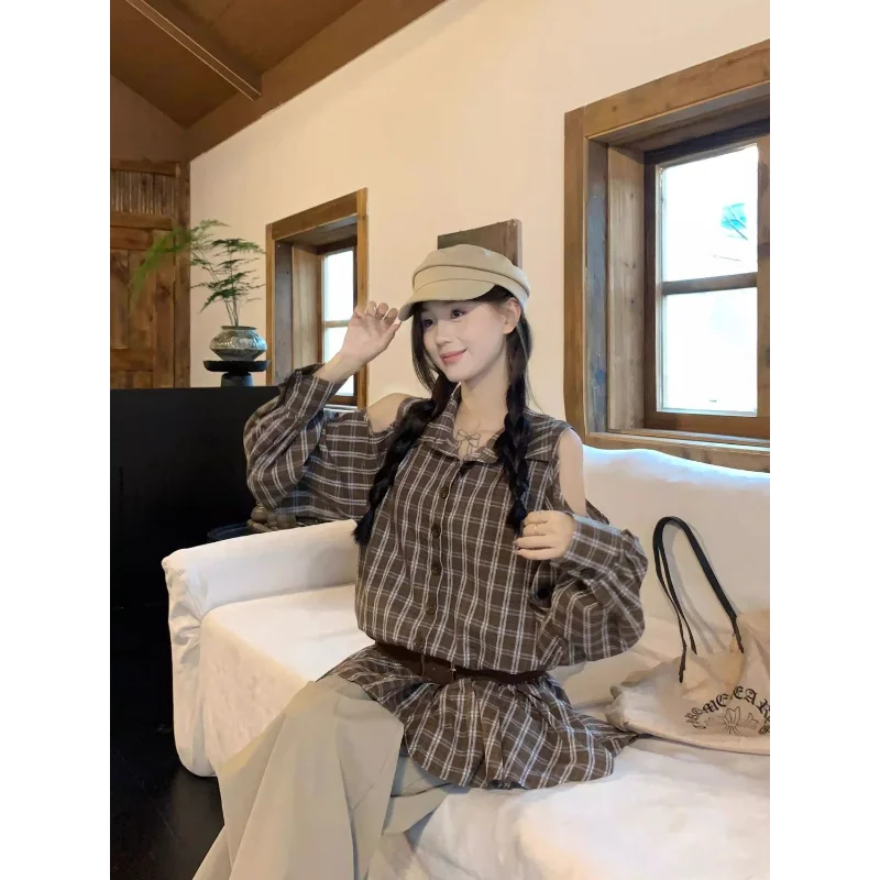 فستان ريترو منقوش عاري الكتفين بياقة بولو وأكمام طويلة للنساء قميص خريفي بتصميم على شكل حرف A