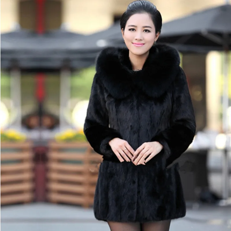 Autumn Winter New Women's Faux Rabbit Fur Thick Hooded Faux Fox Fur Collar Mid-Long Coat 4