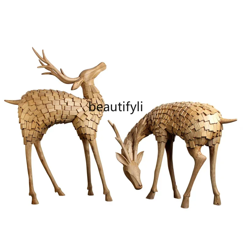 

ld 30Solid Wood Sculpture Deer Decoration Floor Indoor Large Soft Decoration Hotel Lobby Villa Shopping Mall Wood Carving Crafts