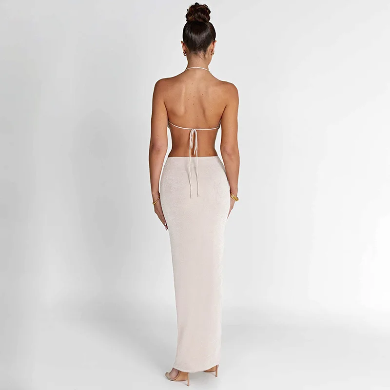 Solid Color Casual Sleeveless Halter Backless Slim Long Dress Suit Women Sexy Fashion Temperament Two Pieces Skirt Set