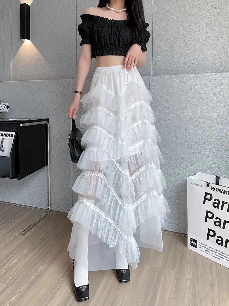 Pink Khaki Black Cake Skirts Women Korean Mesh High Waist Maxi Long Skirt Female Tulle Skirts Tiered Tutu Party Faldas