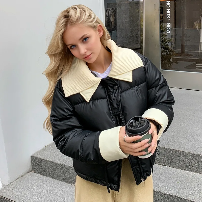 Veste matelassée d'hiver pour femme, couleur bloquée, fermeture éclair, tricot, col rabattu, manteau rembourré pour femme, veste de Style coréen
