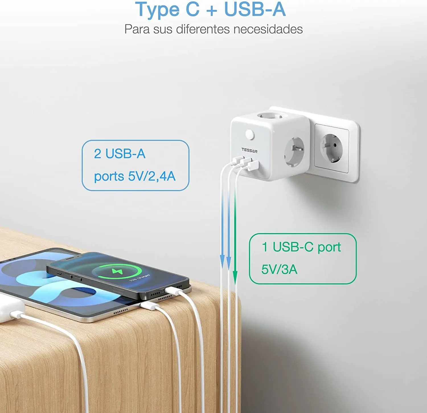 TESSAN European Multiple Wall Socket Travel Adapter with Switch AC Outlets USB Type C Port EU KR Plug Multi-tap Power Strip Cube