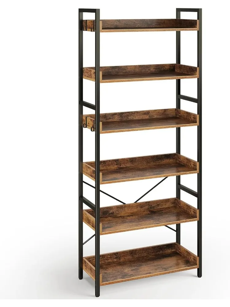 خزانة كتب ذات 6 أرفف على الطراز الصناعي مع 4 خطافات، وحدة تخزين خشبية عتيقة، رفوف ريفية مفتوحة للكتب والديكور #1