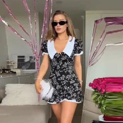 2026 New Y2k Floral Print Mini Dress Elegant Puff Sleeve Peter Pan Collar A-line Dresses Vintage Casual Party Women's Vestidos
