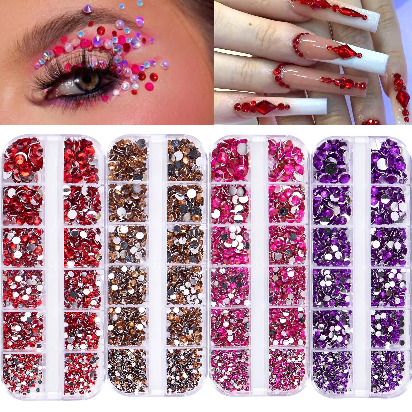 12Grids Rose red Rhinestones 3D Glass Crystal Gems SS4~SS16 Round Flat back Dazzling Diamond Nail Art decorations for Nail Salon