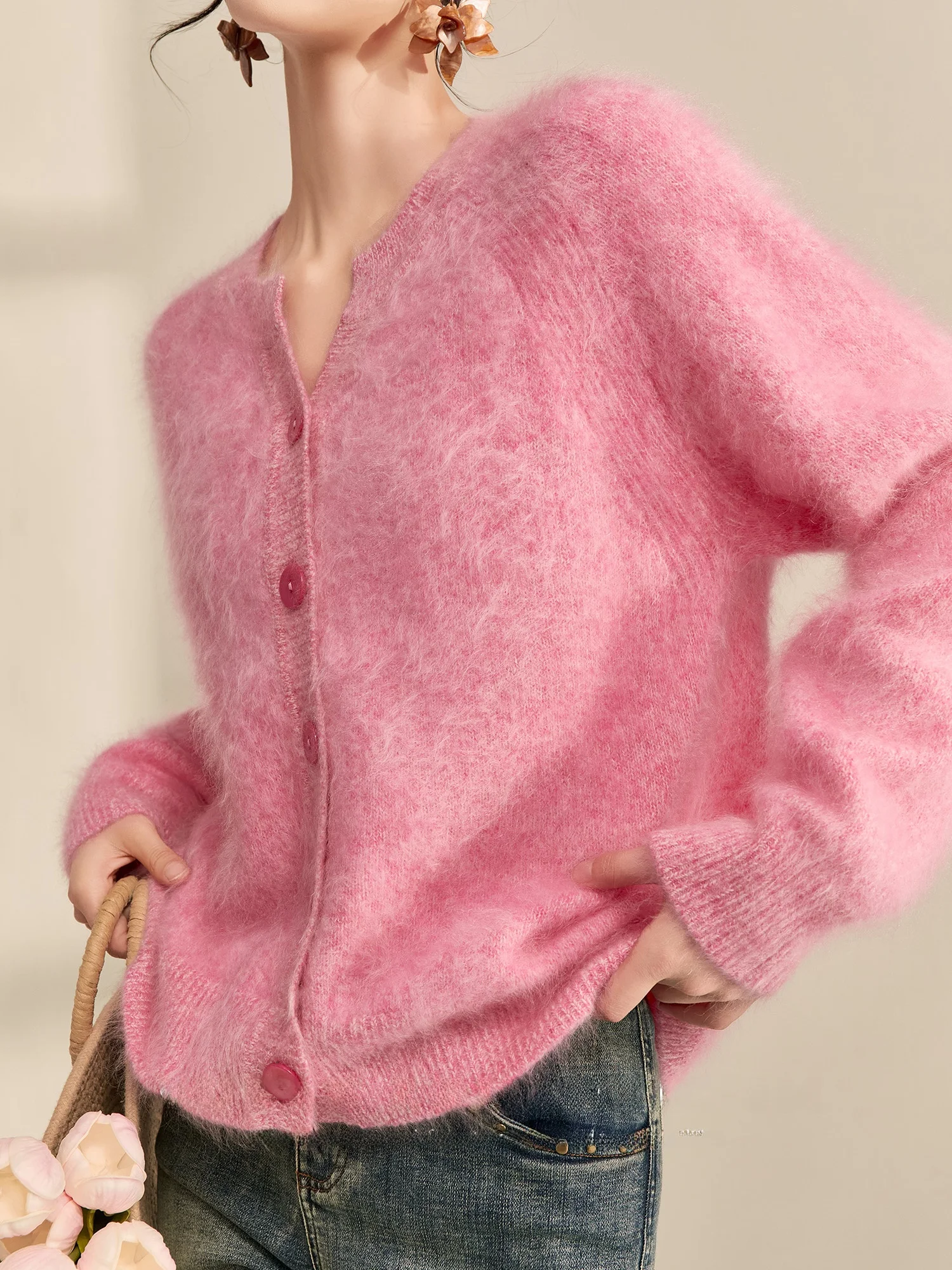 

Женский длинный пушистый вязаный свитер, мягкий пастельно-розовый зимний открытый кардиган, удобный свободный крой, пуловер с v-образным вырезом, простой для поездок на работу, S...