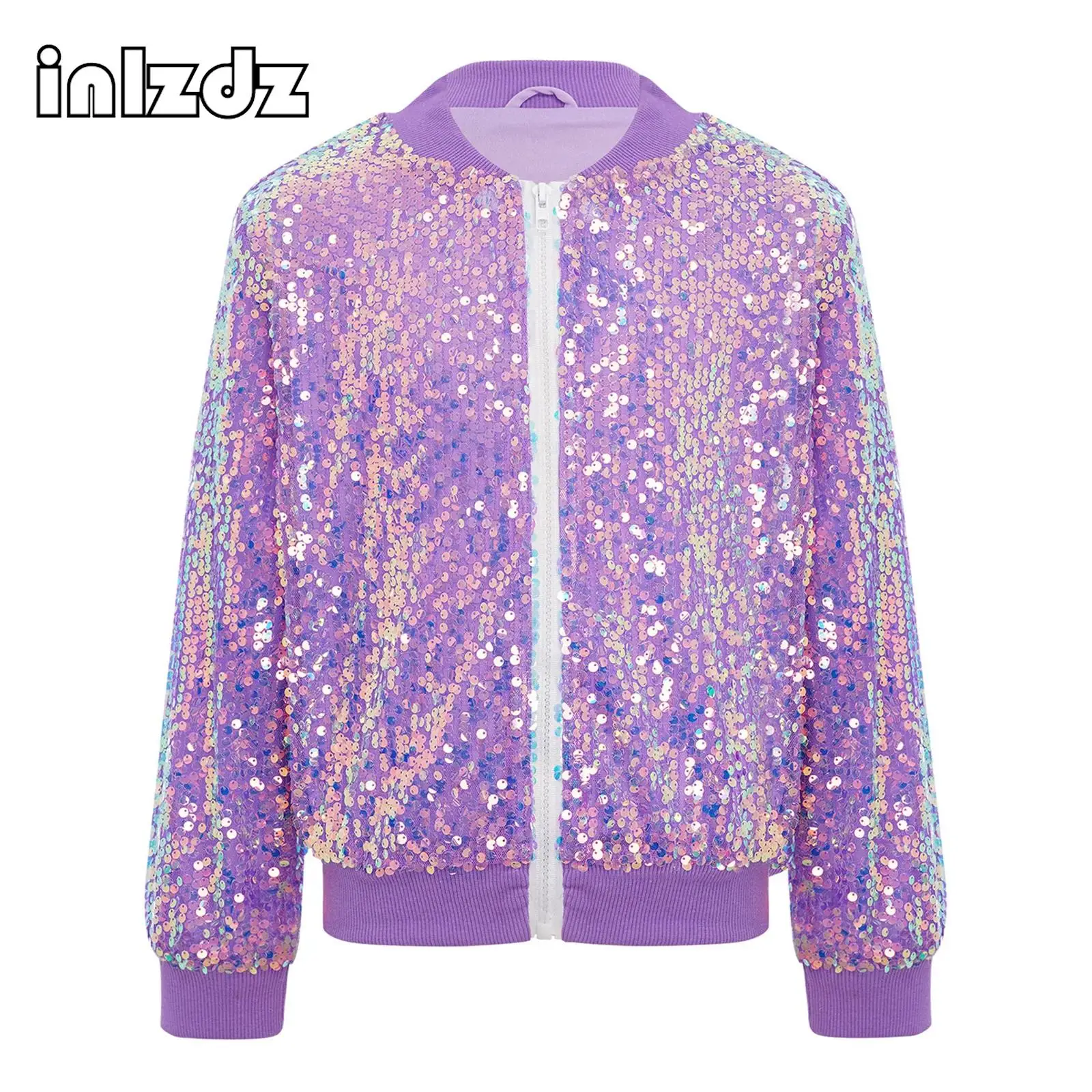 

Children Girls Sparkling Sequin Hip-Hop Jazz Dance Performance Costumes Long Sleeve Zipper Jacket with Pockets for Stage Show