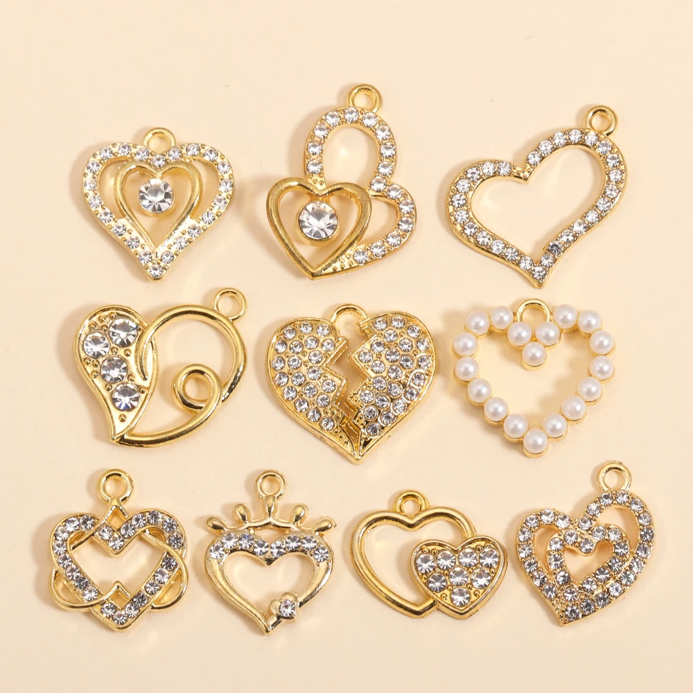 

Mixed Gold Color Alloy 10Pcs Luxury Zircon Heart-shaped Charm Jewelry Making DIY Crystal Earrings Necklace For Women Pretty Gift