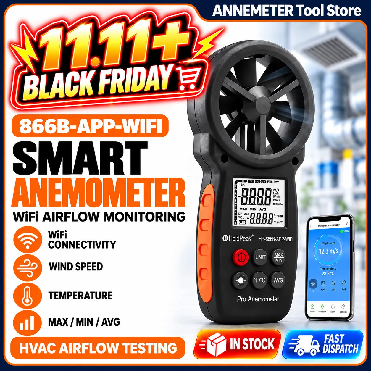 Wireless Bluetooth Anemometer APP, CFM Air Flow Meter Wind Speed Gauge, HVAC Tester with Temp Probe m³/h Data Logger