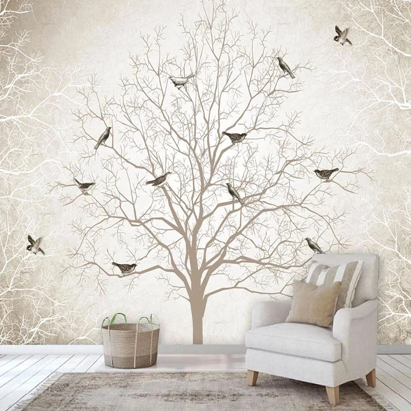Customized Wallpaper Retro Nostalgia Tree Branches Birds Mural 3d Living room TV background wall bedroom restaurant wall fabric
