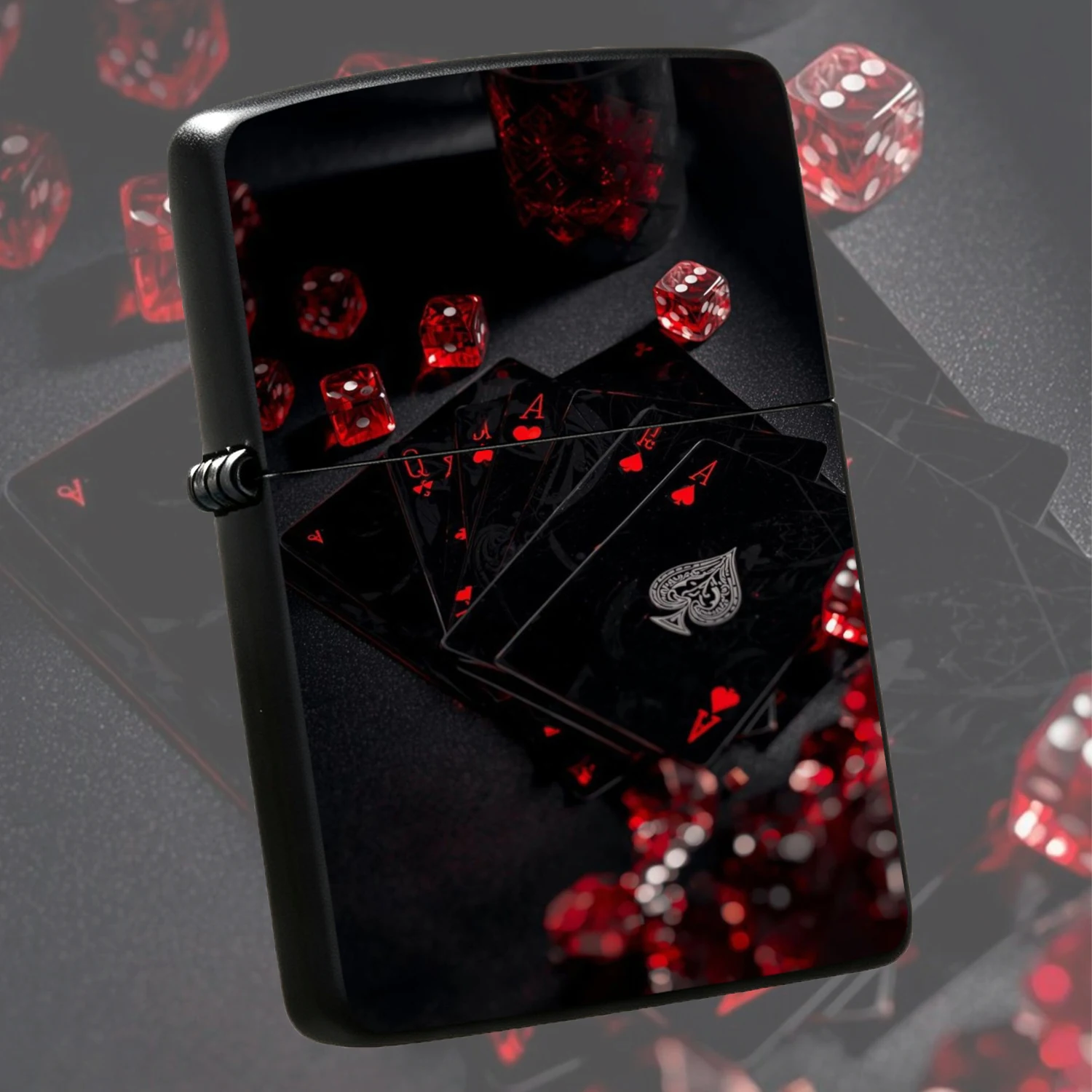 Black Red Playing Card Dice Themed Vintage Cool Black Body With Red Heart Spade A Pattern Exquisite Smooth Touch Unique Creative Decorative Accessory For Daily Use Gifting Ideal Poker Game Night Party Supply A Fun And Humorous Lighter