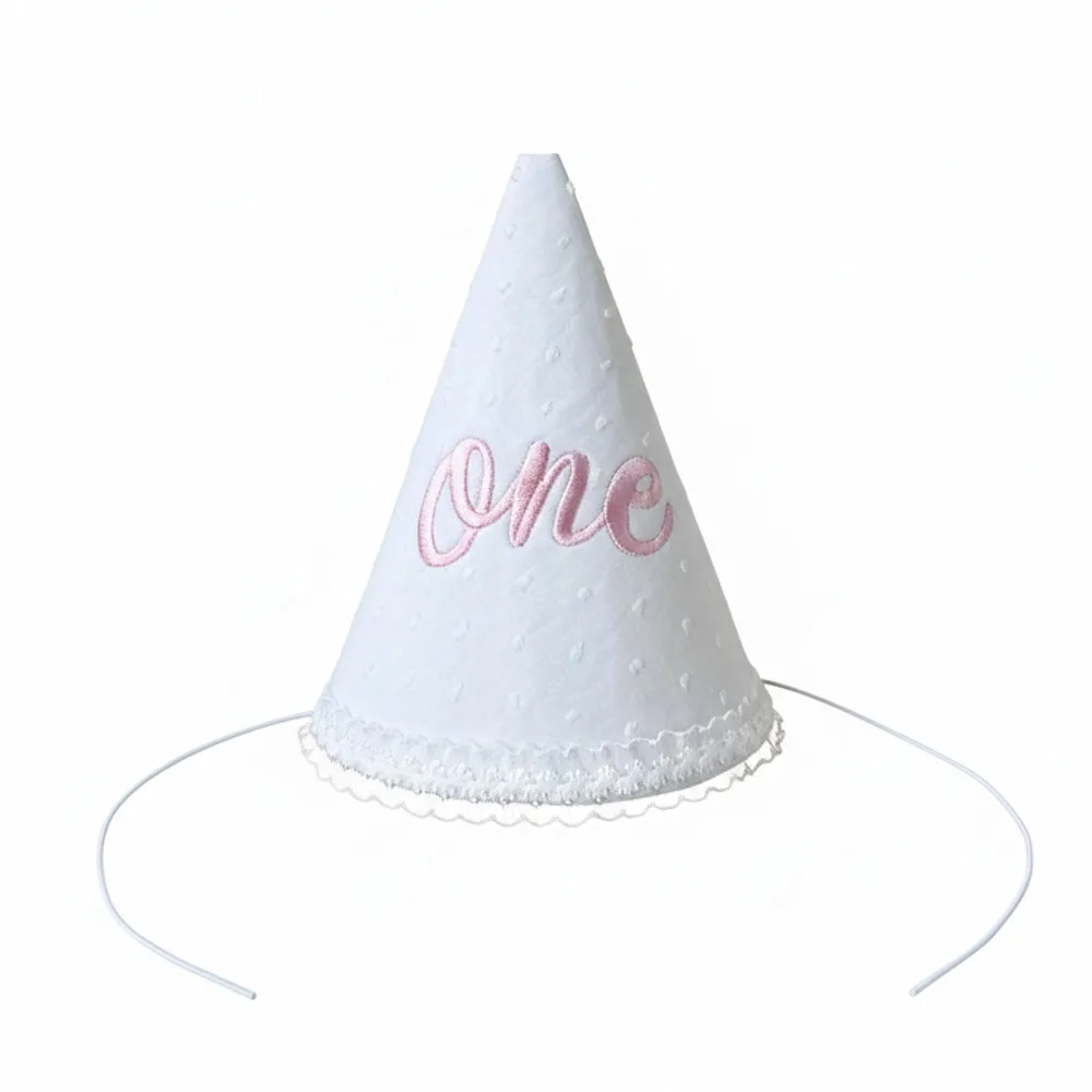 Gorro de Cumpleaños de Un Año con Lazo, Borde de Encaje Bordado, Guirnalda de Primer Cumpleaños, Gorro de Cumpleaños con Bolas Rosas y Azules
