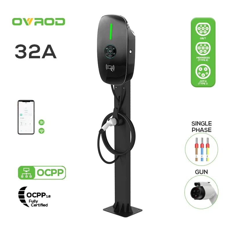 Ovrod 32a 3 Phase Ocpp 1.6j Wallbox 7.6kw Ev Wall Charger Floor Mounted Ev Charging Station With Rfid Card