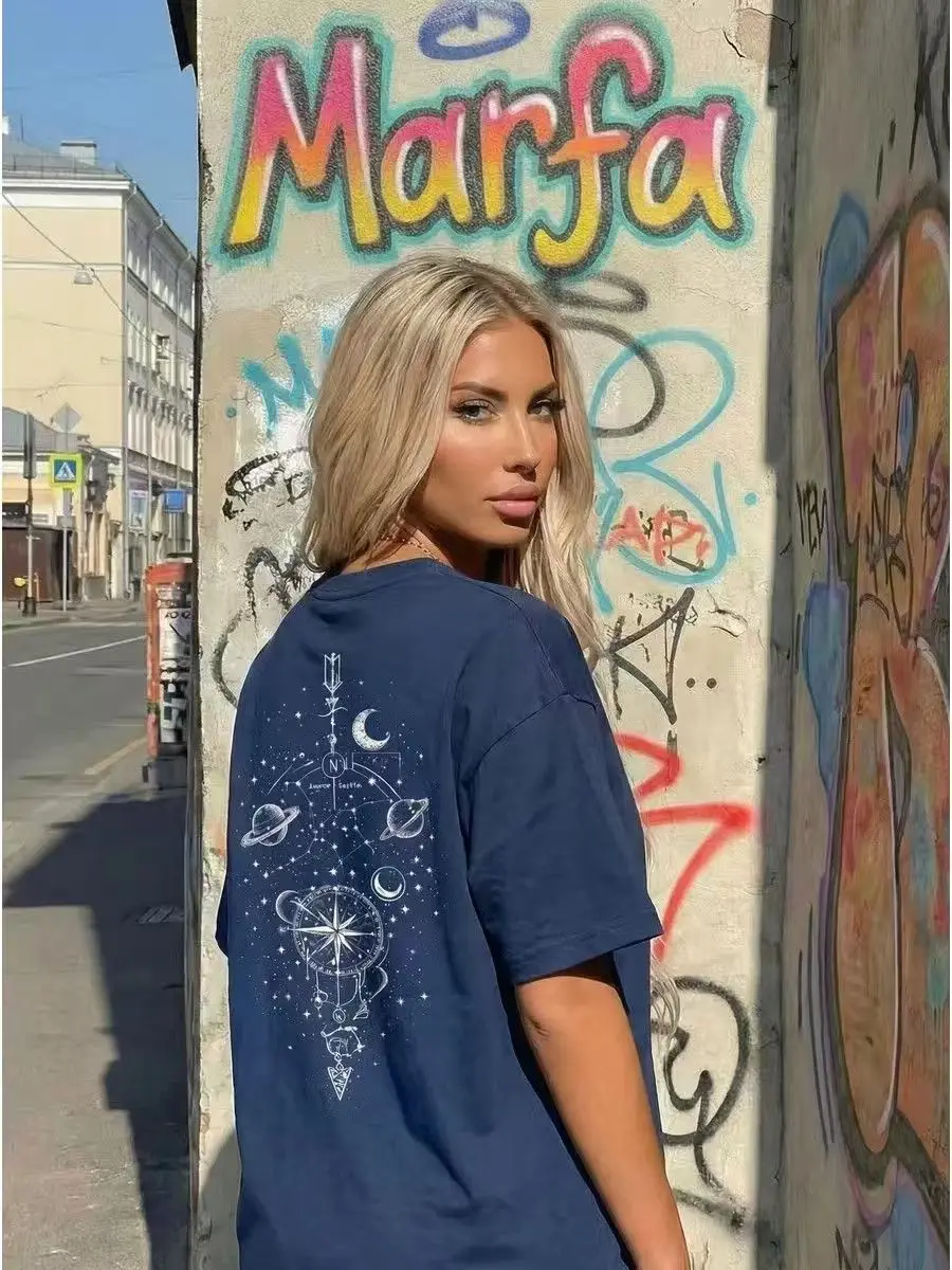 New Summer Fashionable Casual T-shirt Clothing Star Chart Compass Celestial Mysticism Printed Navy Cotton Tshirts Woman 2026 New