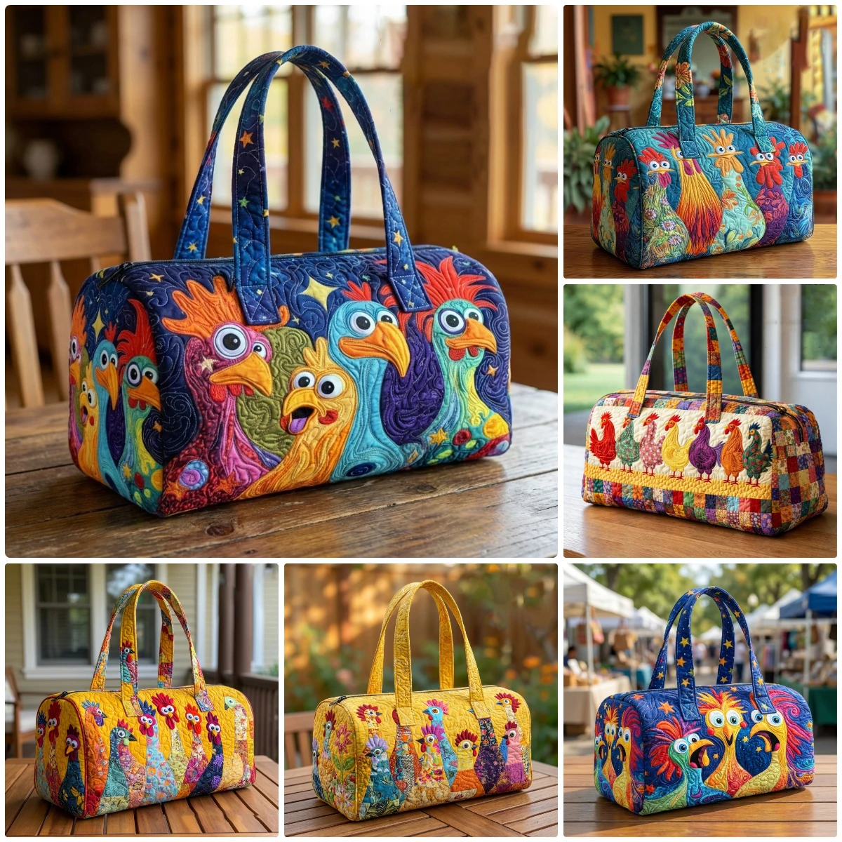 

GF Funny Art Chicken Print Quilted Duffle Bag Bohemian Style 2026 Personalized Custom Travel Tote Women Men Weekender Bag