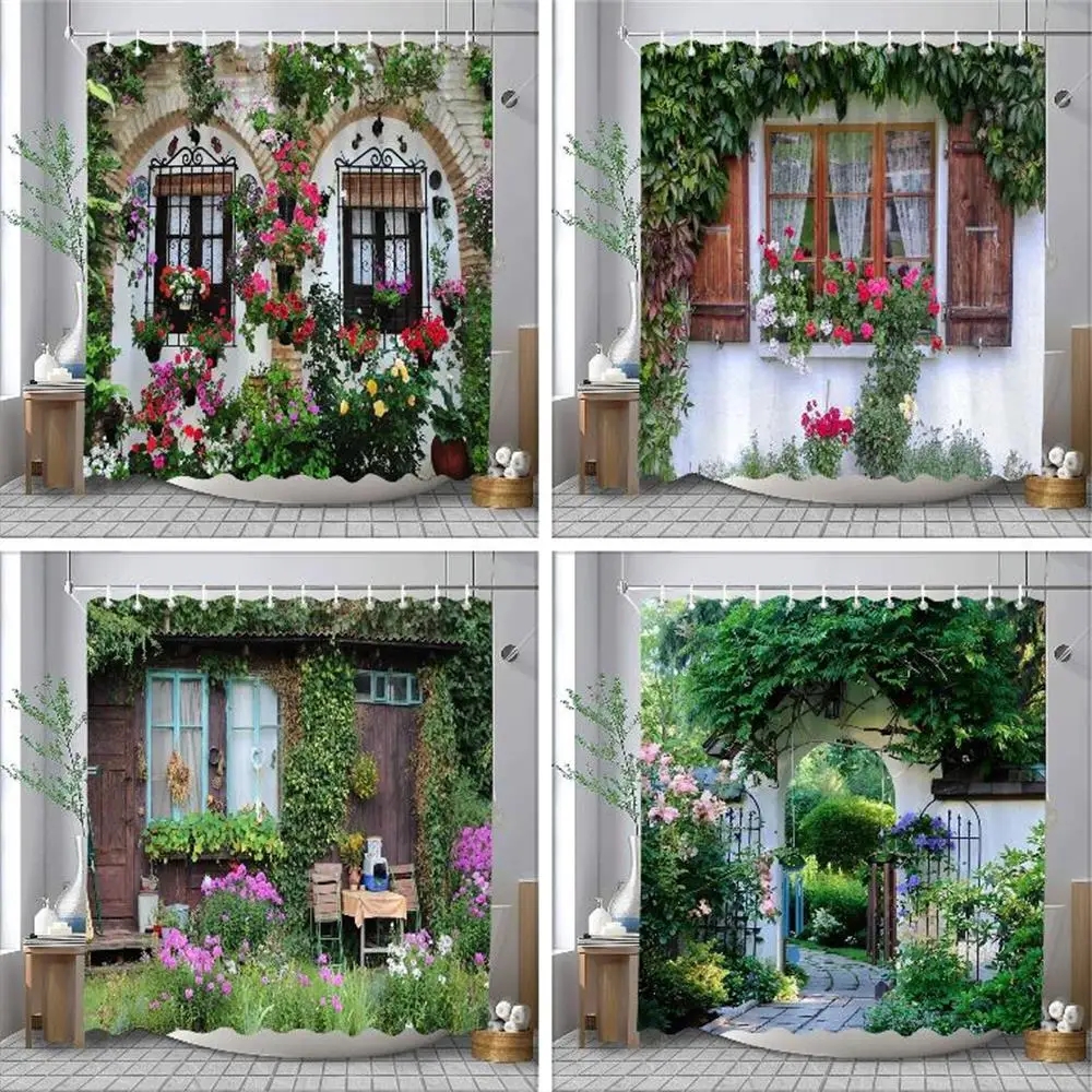 Full of Flowers European Window Wall Shower Curtain Natural Scenery Outdoor Garden Poster Polyester Bath Curtains Bathroom Decor