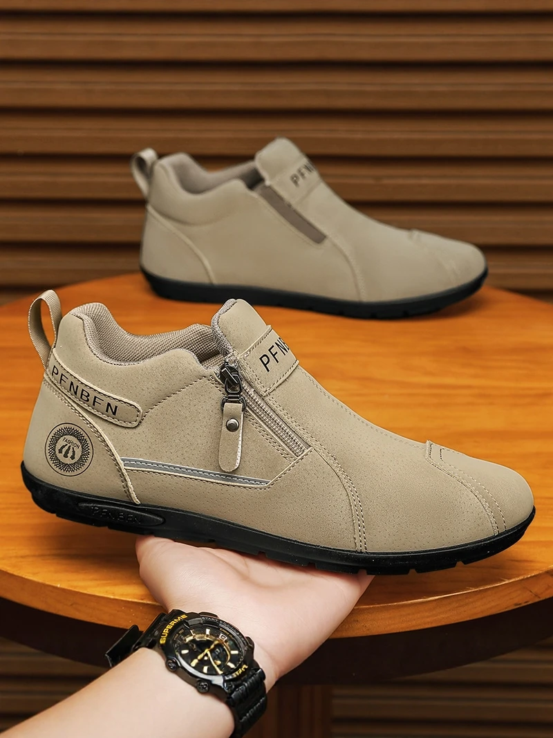 

Men's Casual Work Shoes Winter Warm Fleece Lined One-Touch Slip-On Work Boots Comfortable Soft Bottom Leisure Shoes