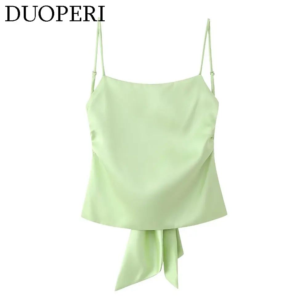 DUOPERI Women Fashion Solid Satin Backless Bowknot Lace Up Camisole Thin Straps Square Collar Female Chic Lady Casual Tops Tank