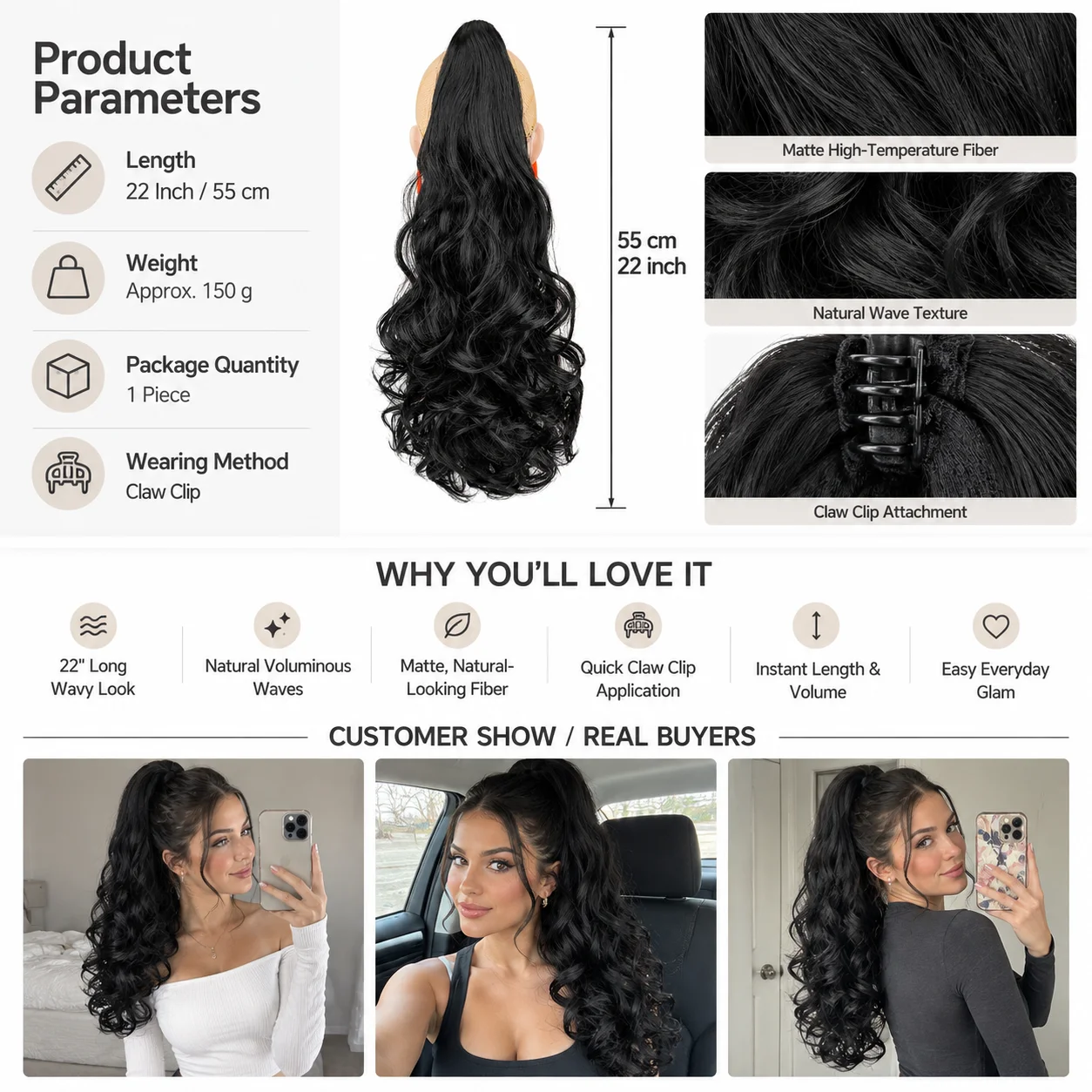 22 Inch Long Wavy Ponytail Extension Claw Clip Voluminous Natural Looking Matte High Temperature Fiber Hairpiece Easy Glam Style