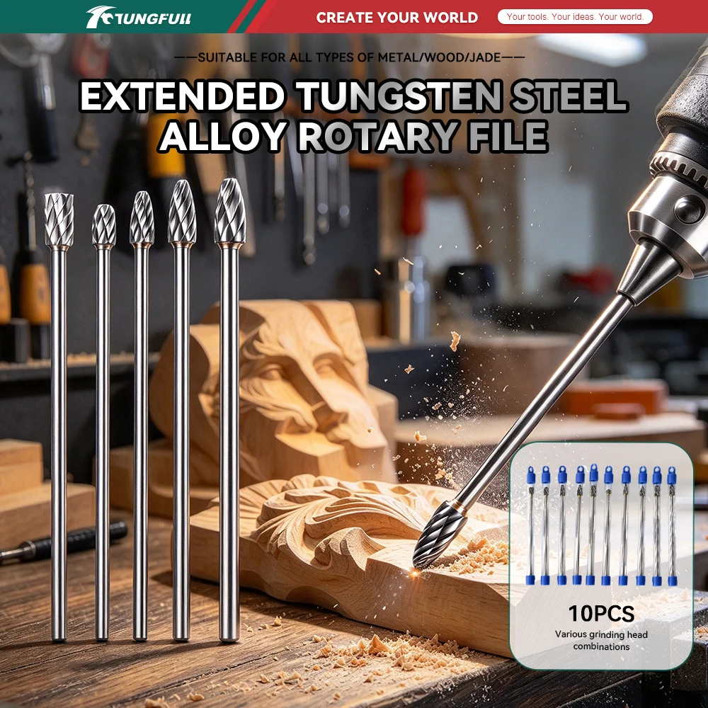 Tungsten Carbide Rotary Burrs Set Double Cut Single Cut Die Grinder Bits for Metal Carving Polishing Deburring Grinding Tool